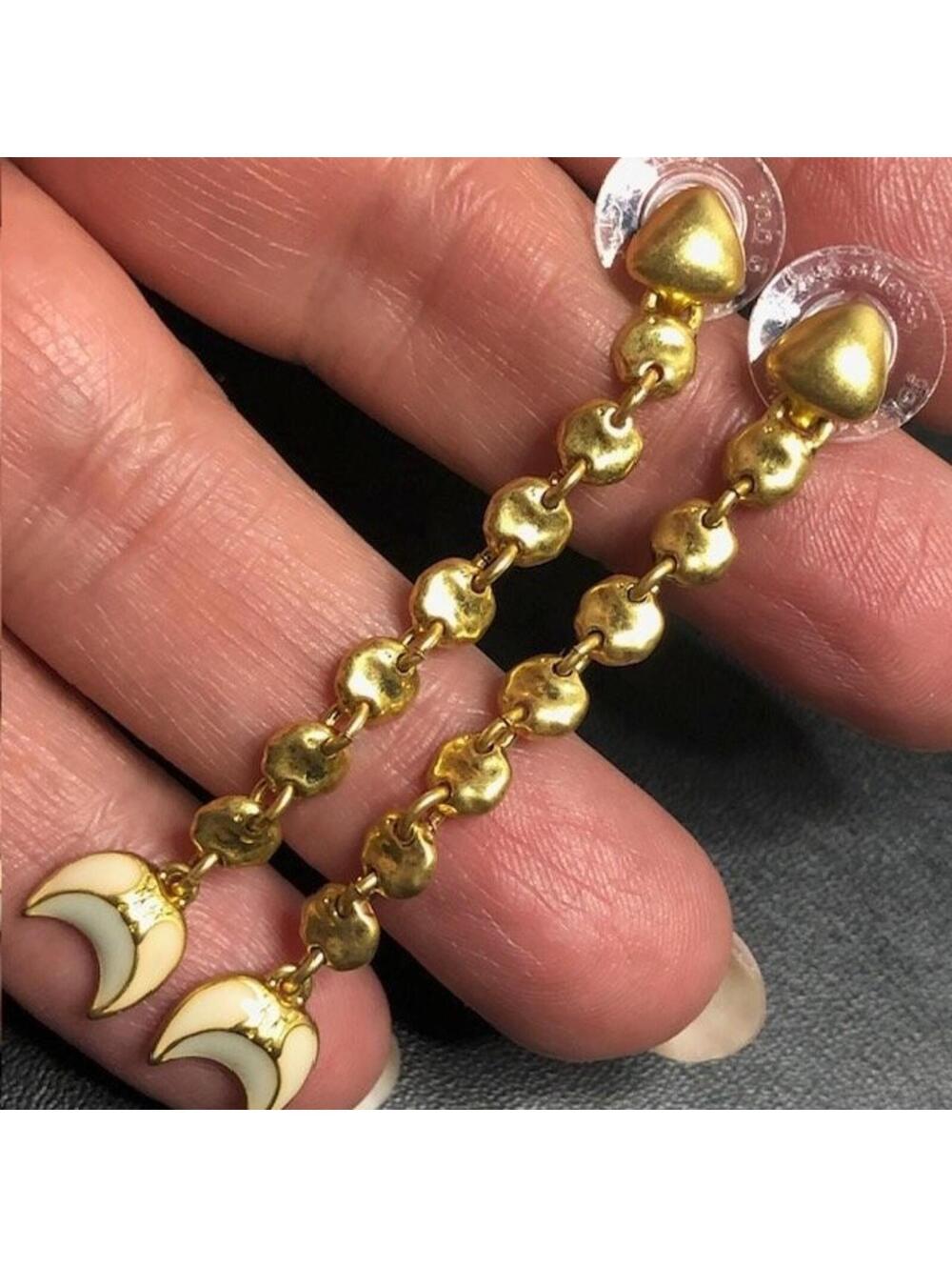 B0687 Chloe Crescent Moon Gold Tone Dangle Drop Earrings 2.5" linear - Picture 1 of 2